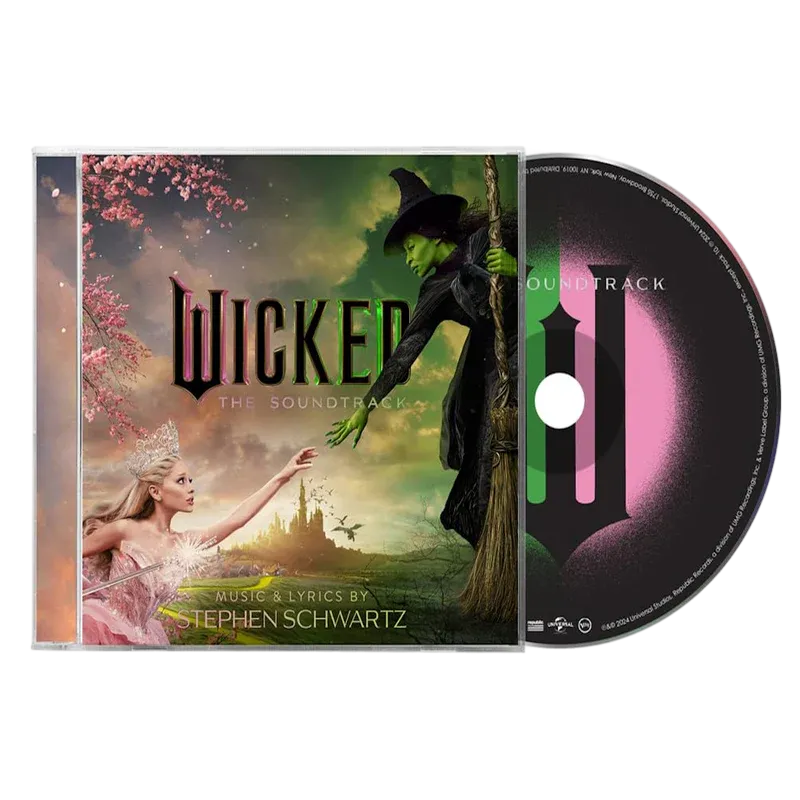 Wicked soundtrack album cover with character illustration and broomstick.