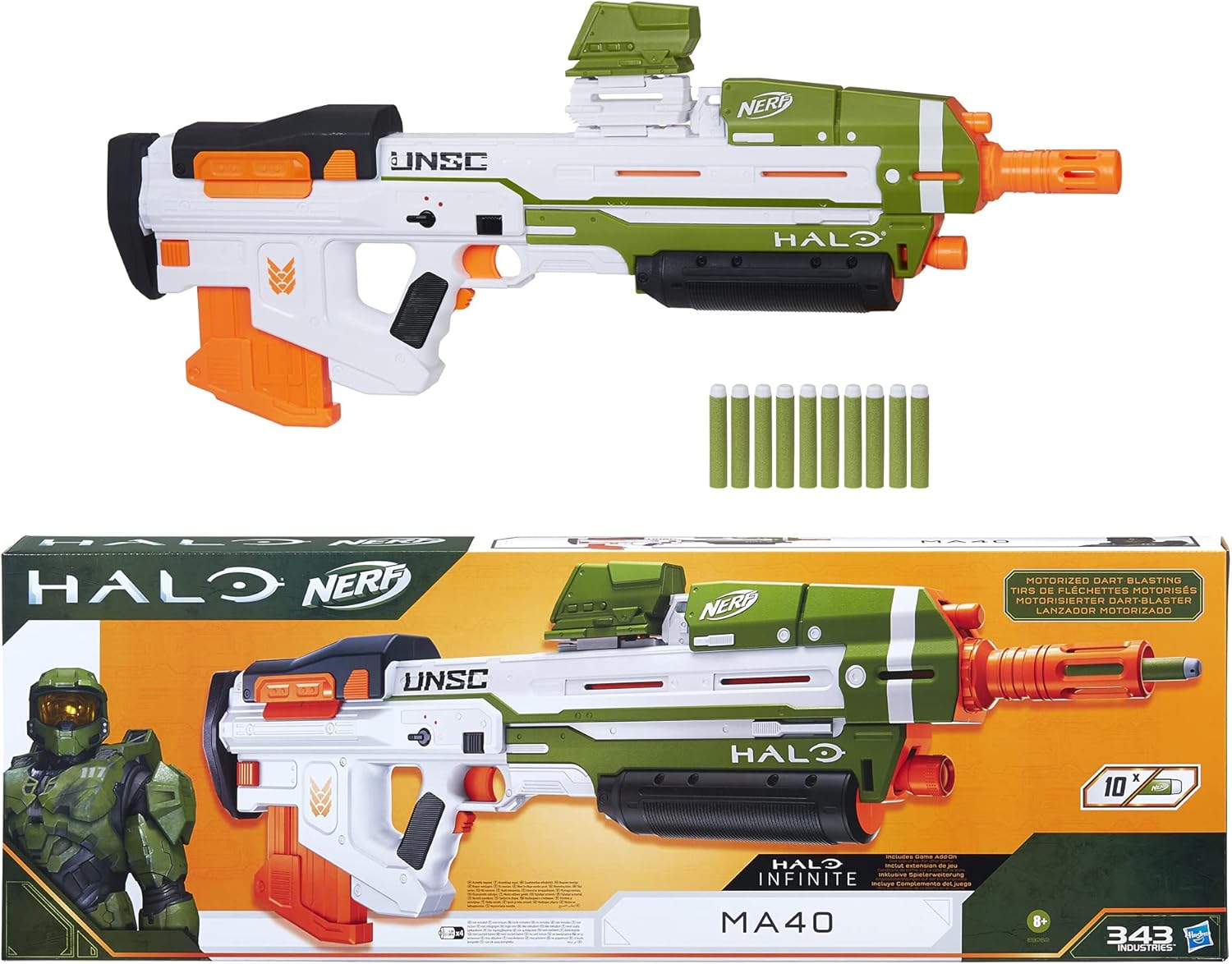Nerf: Halo MA40 Motorized Dart Blaster - Includes Removable 10-Dart Clip, 10 Official Nerf Elite Darts, and Attachable Rail Riser Toys & Games Hasbro