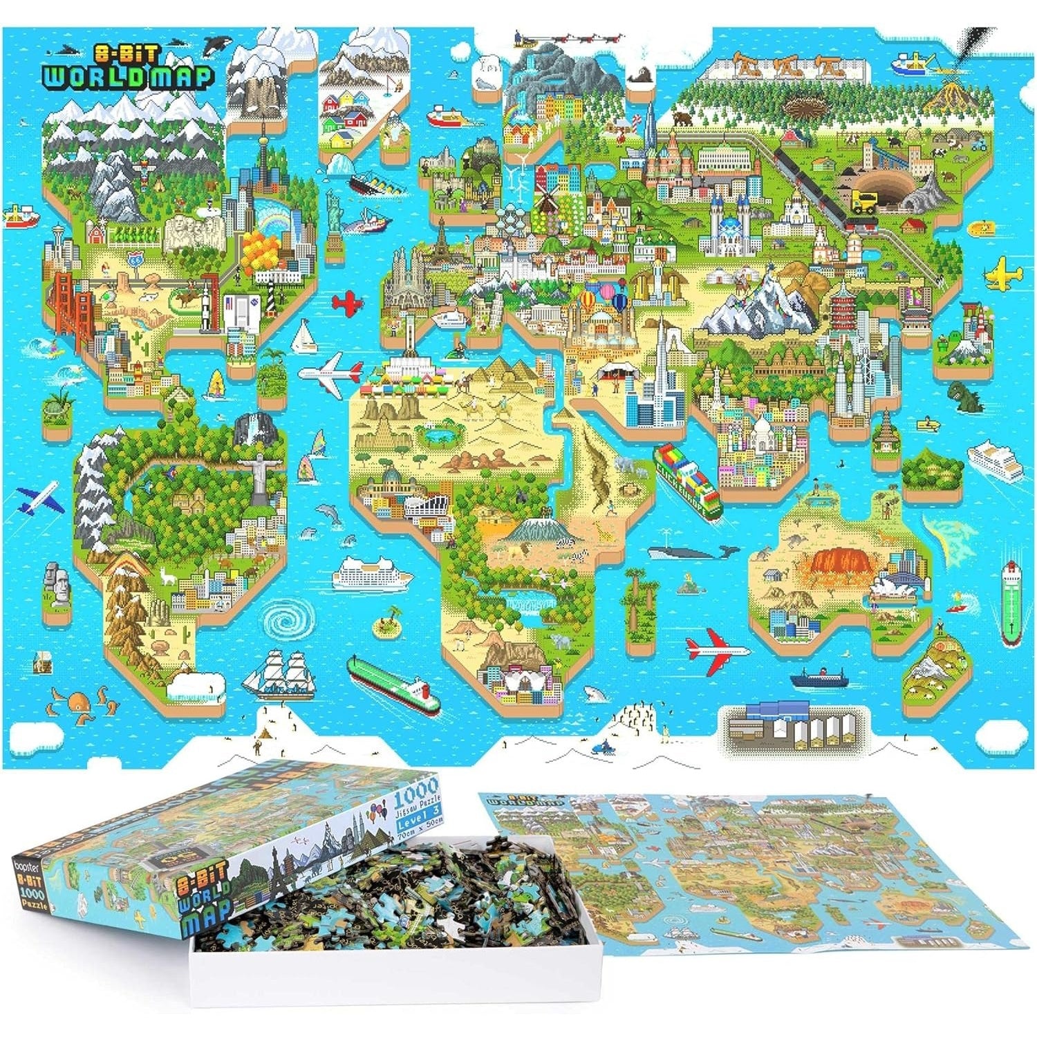Bopster: 8-Bit World Map - 1000 Piece Puzzle Board Game Bopster