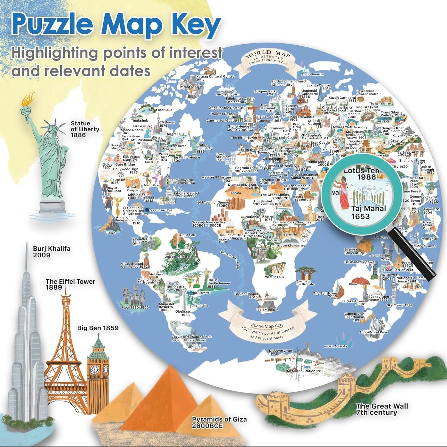 Bopster: Illustrated World Map Round Puzzle - 1000 Piece Puzzle Board Game Boppi