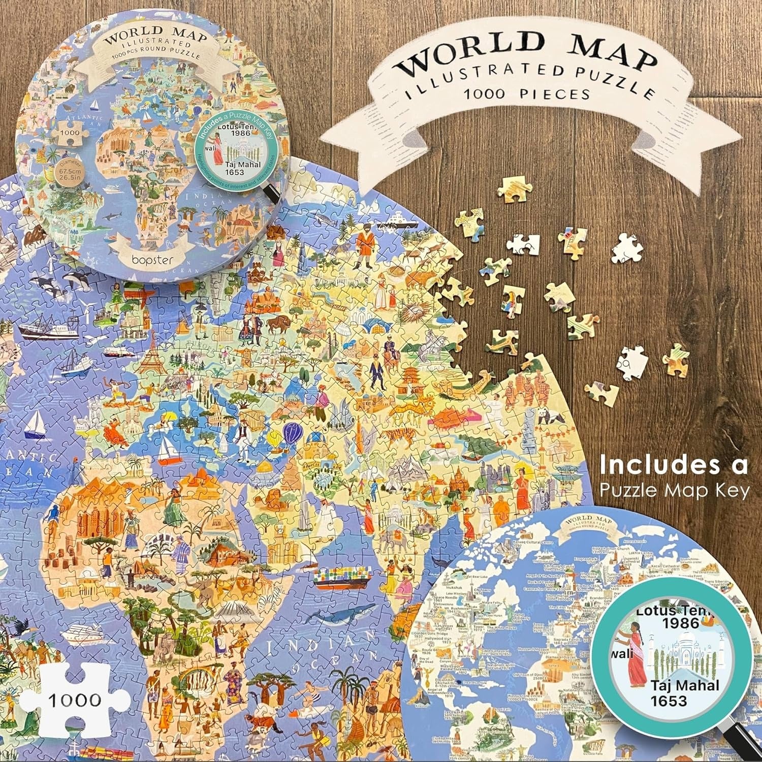 Bopster: Illustrated World Map Round Puzzle - 1000 Piece Puzzle Board Game Boppi