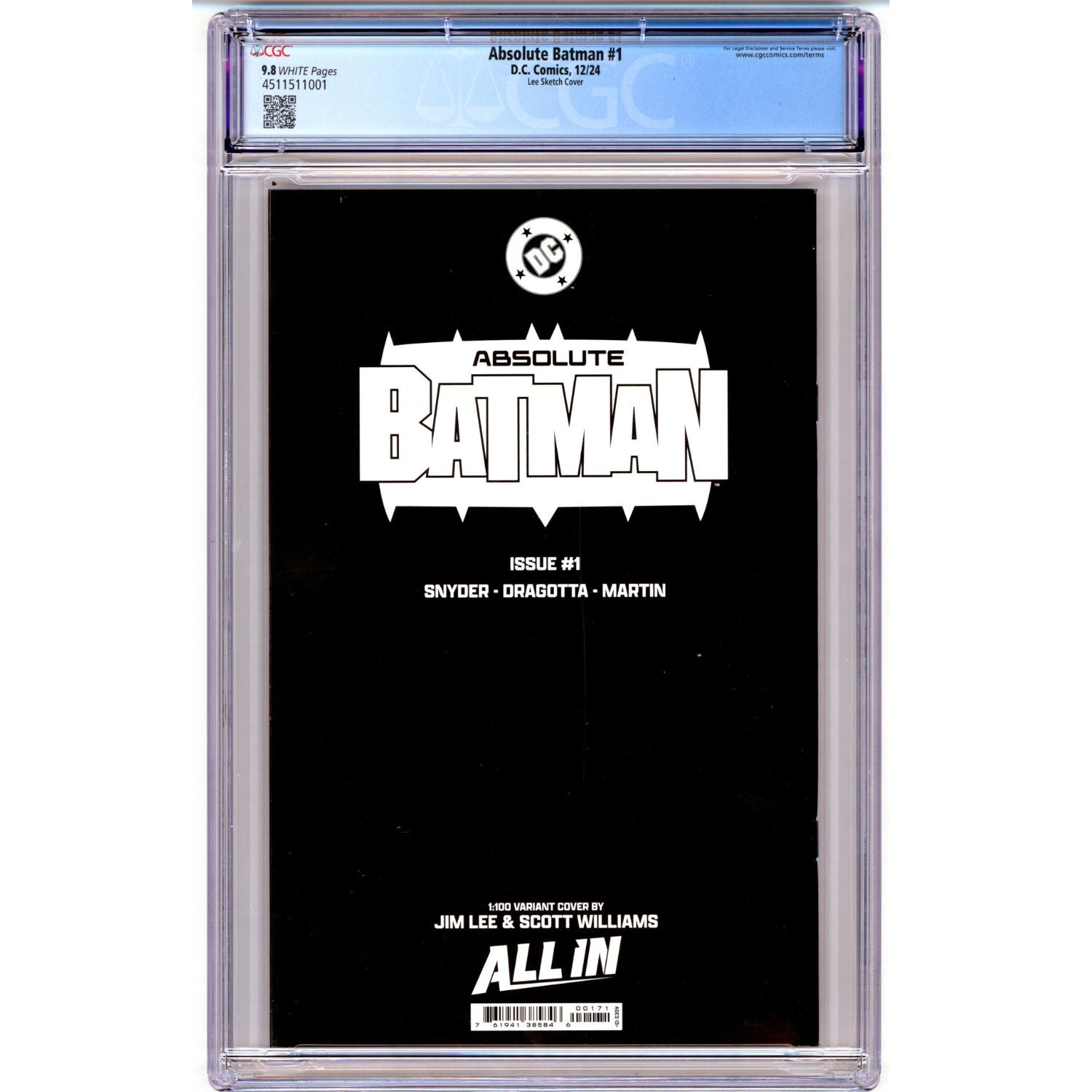 Absolute Batman: #1 [Jim Lee Sketch CGC 9.8 CVR H - 1:100] 2024 Comics DC Comics