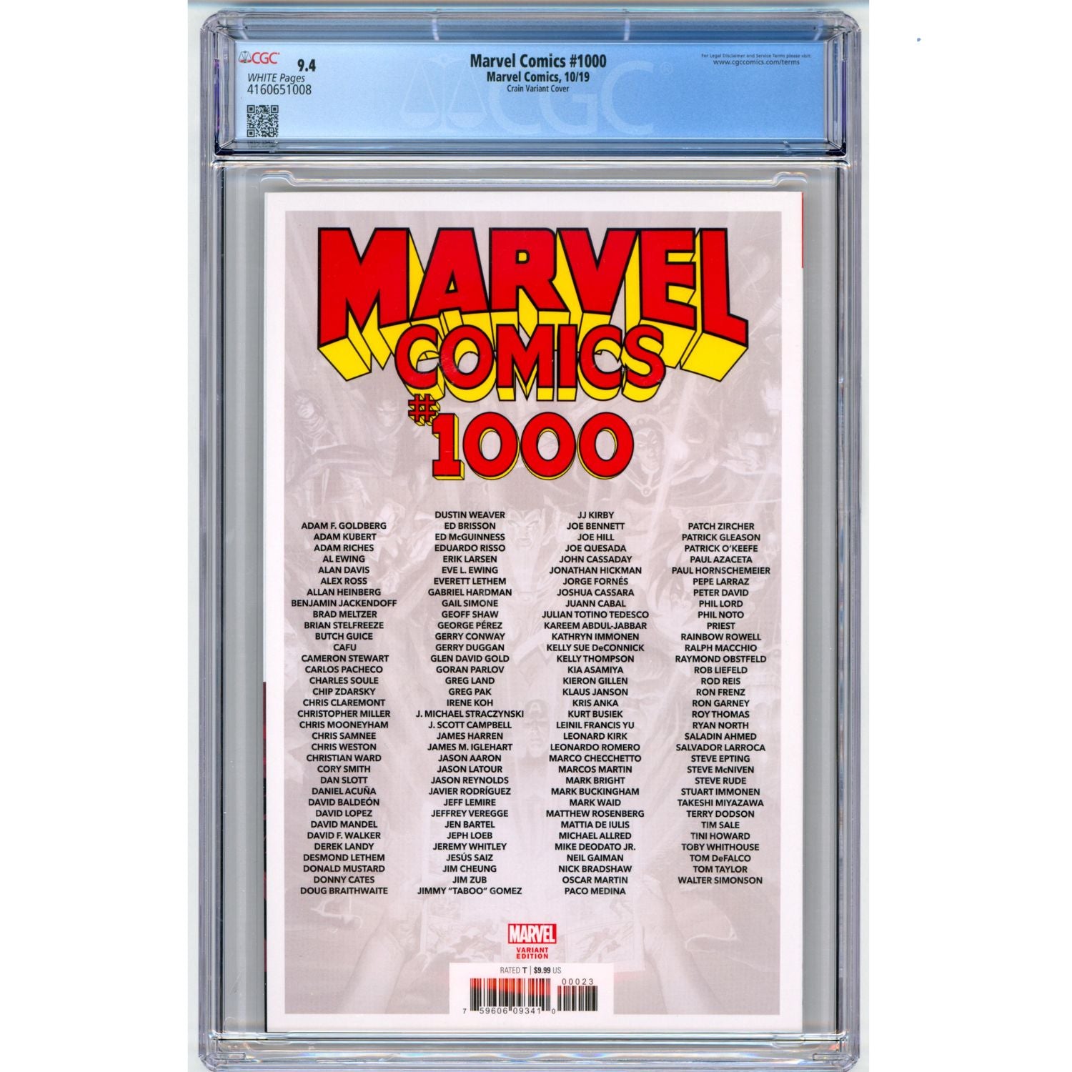 Marvel Comics: #1000 [Crain CGC 9.4 CVR P - 1:50] 2019 Comics Marvel Comics