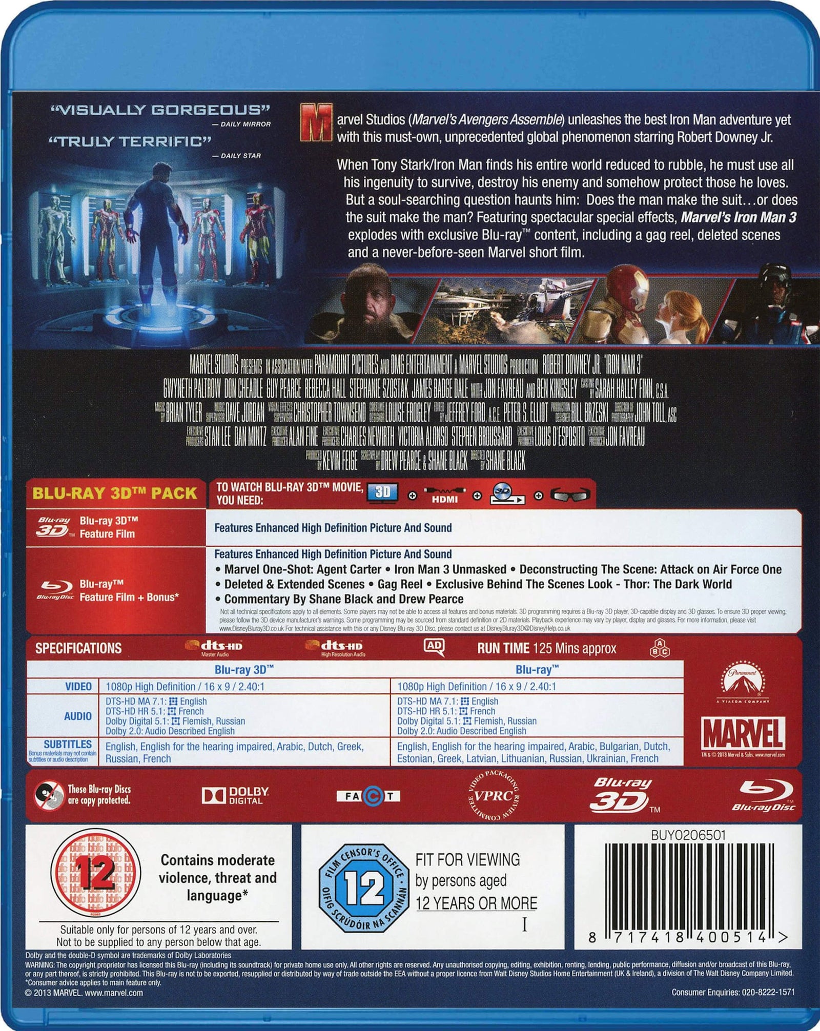 Iron Man 3 [Blu-Ray] Blu-Ray 3D Movie Marvel   