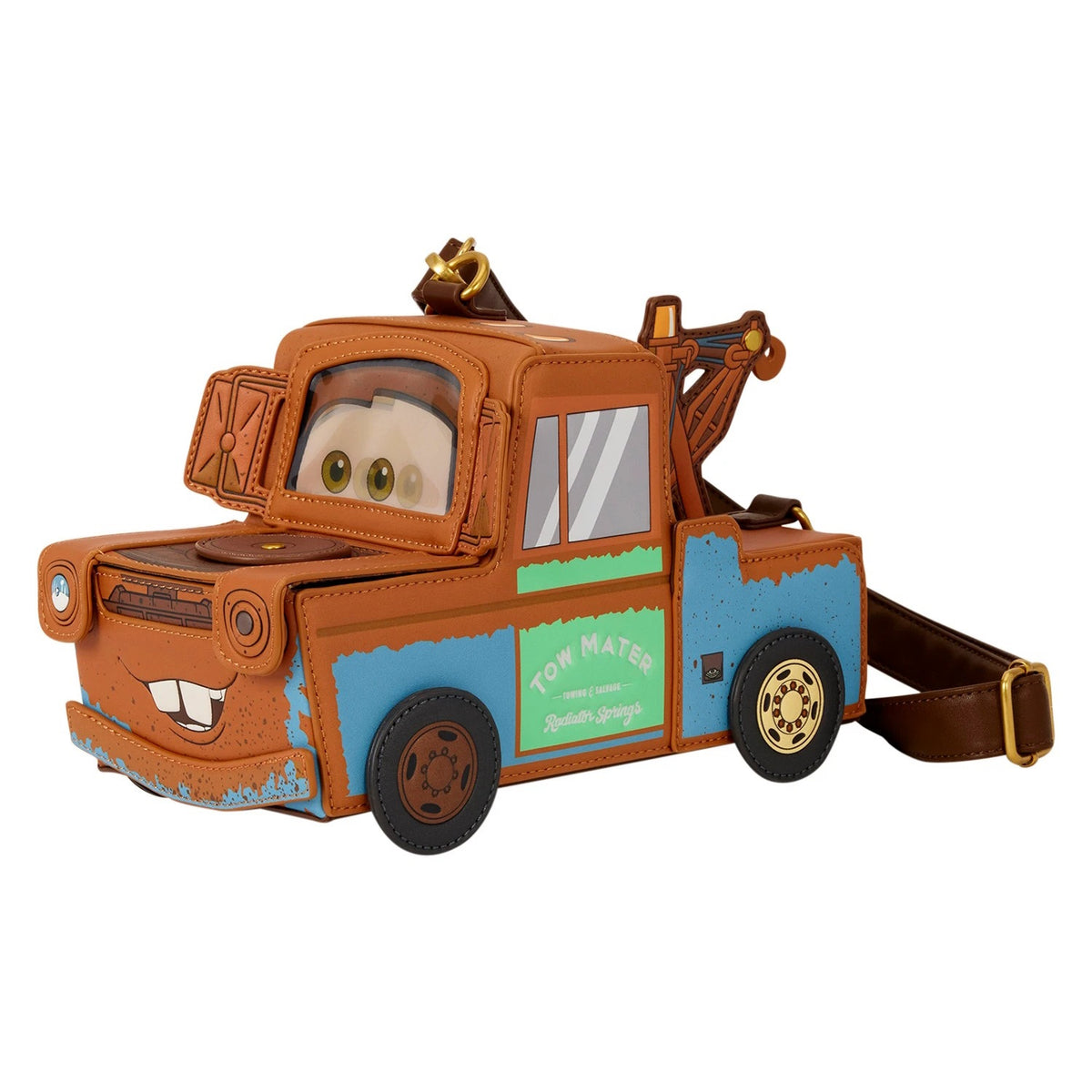 Loungefly: Disney Pixar Cars 20th Anniversary Tow Mater Figural Crossbody Bag Clothing and Apparel Loungefly