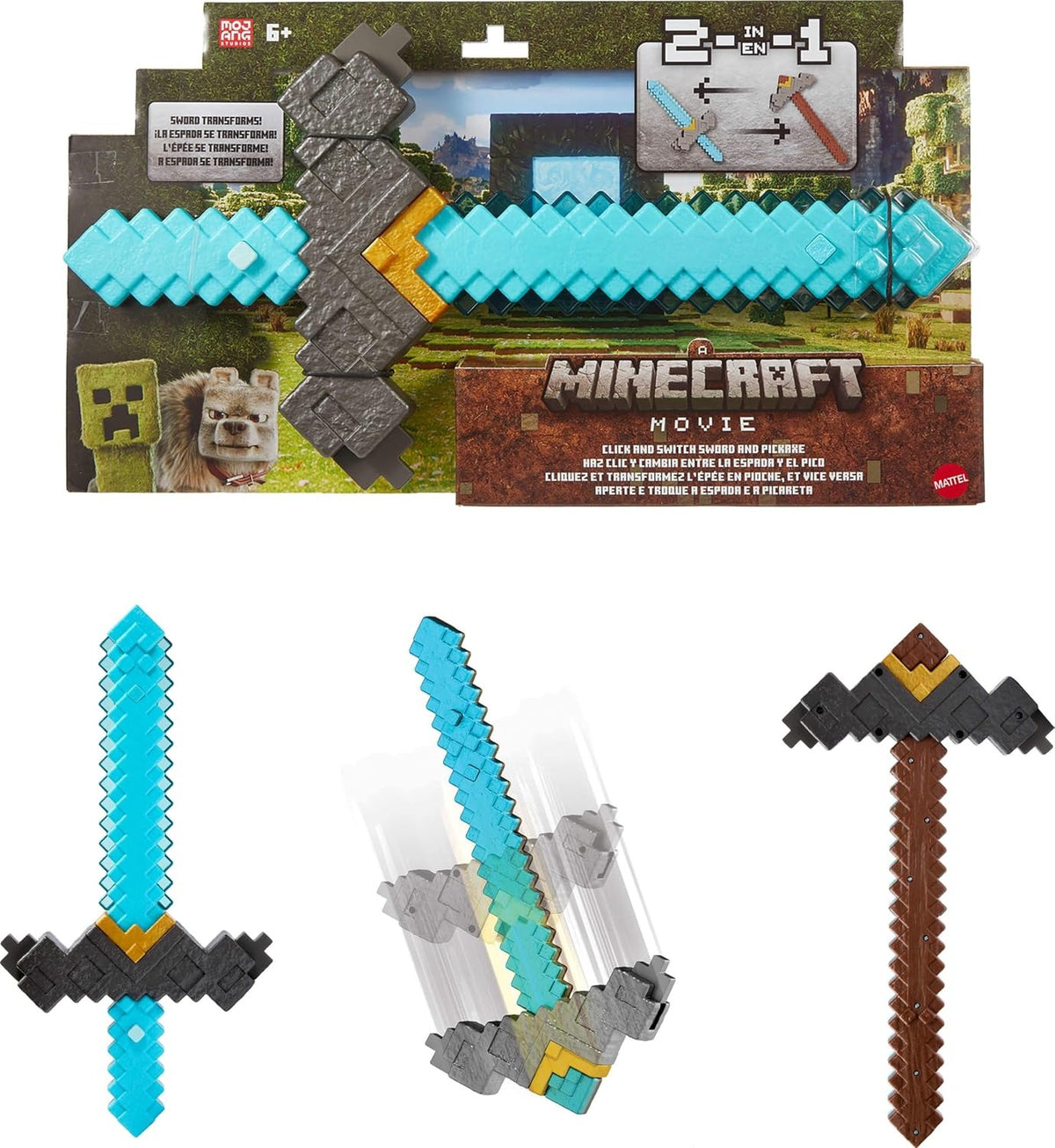 Minecraft Movie: Click and Switch Sword & Pickaxe 2-in-1 Toy Mattel Button