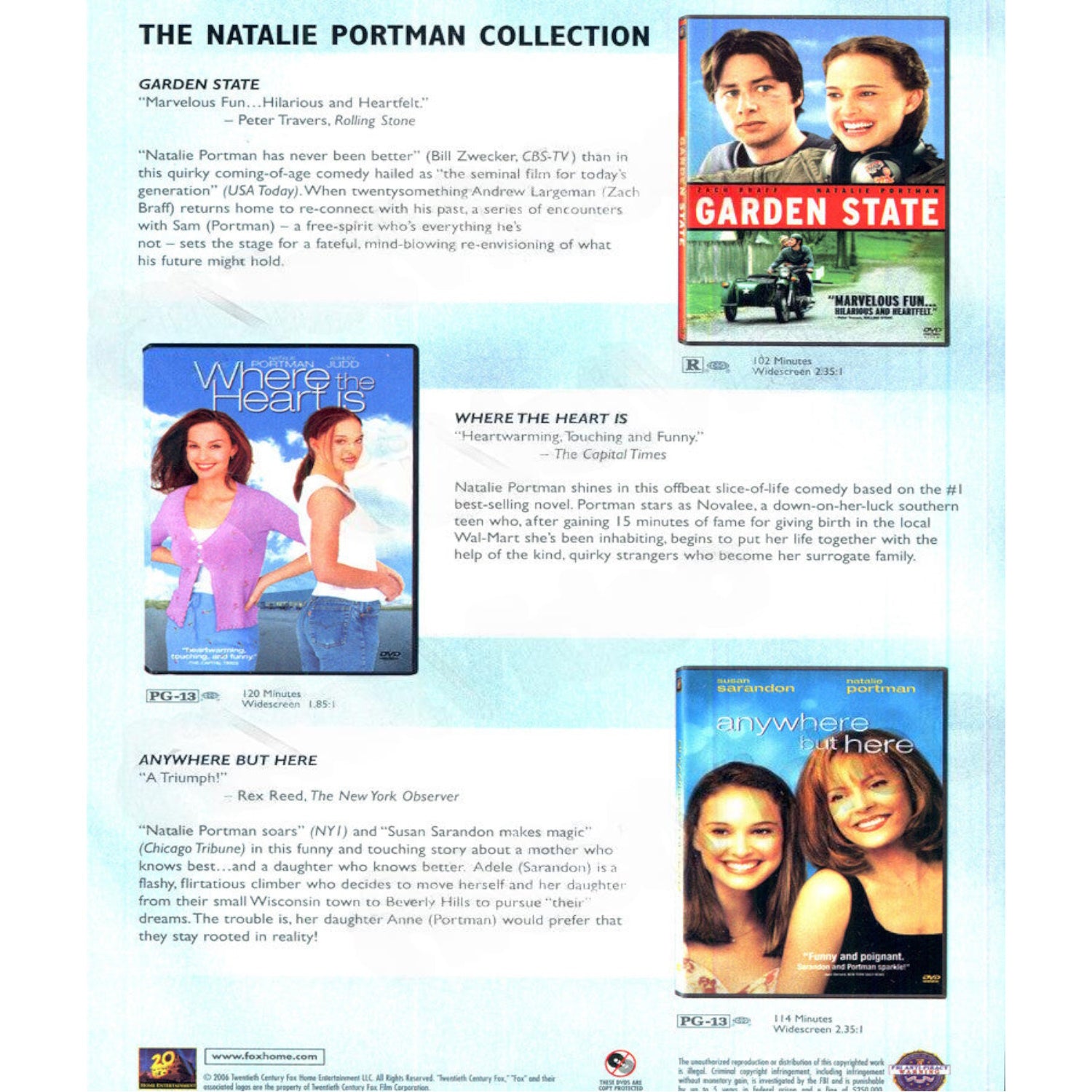 Natalie Portman Collection - Garden State / Where The Heart Is / Anywhere But Here [DVD] DVD Box Set / Series 20th Century Fox   