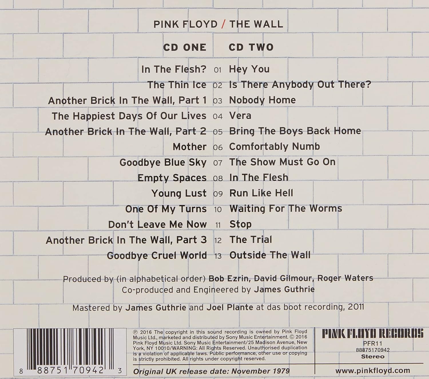 Pink Floyd's: The Wall 2CD [Audio CD] Audio CD/Vinyl Pink Floyd Records