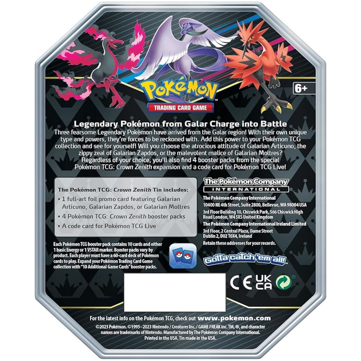 Pokemon Tin: Crown Zenith Galarian Moltres - 4 Packs Card Game Pokemon