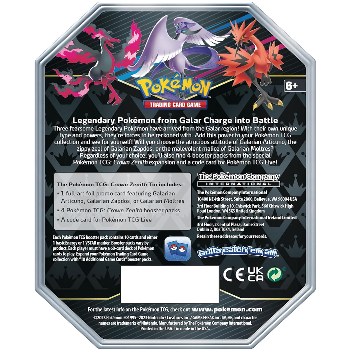Pokemon Tin: Crown Zenith Galarian Zapdos - 4 Packs Card Game Pokemon