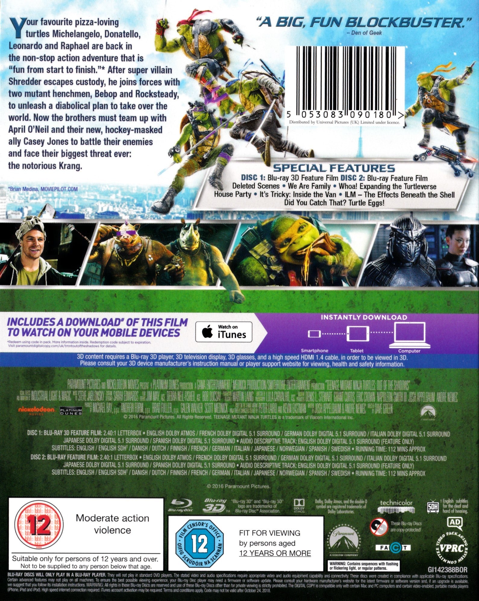 Teenage Mutant Ninja Turtles: Out Of The Shadows [3D Blu-Ray 2D + 3D] Blu-Ray 3D Movie Paramount Pictures   