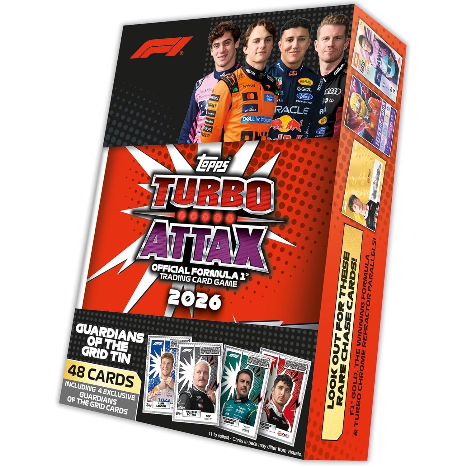 Topps: 2026 Turbo Attax Formula 1 Mega Tin Guardians Of The Grid Tin (4 Packs) Sports Cards Topps
