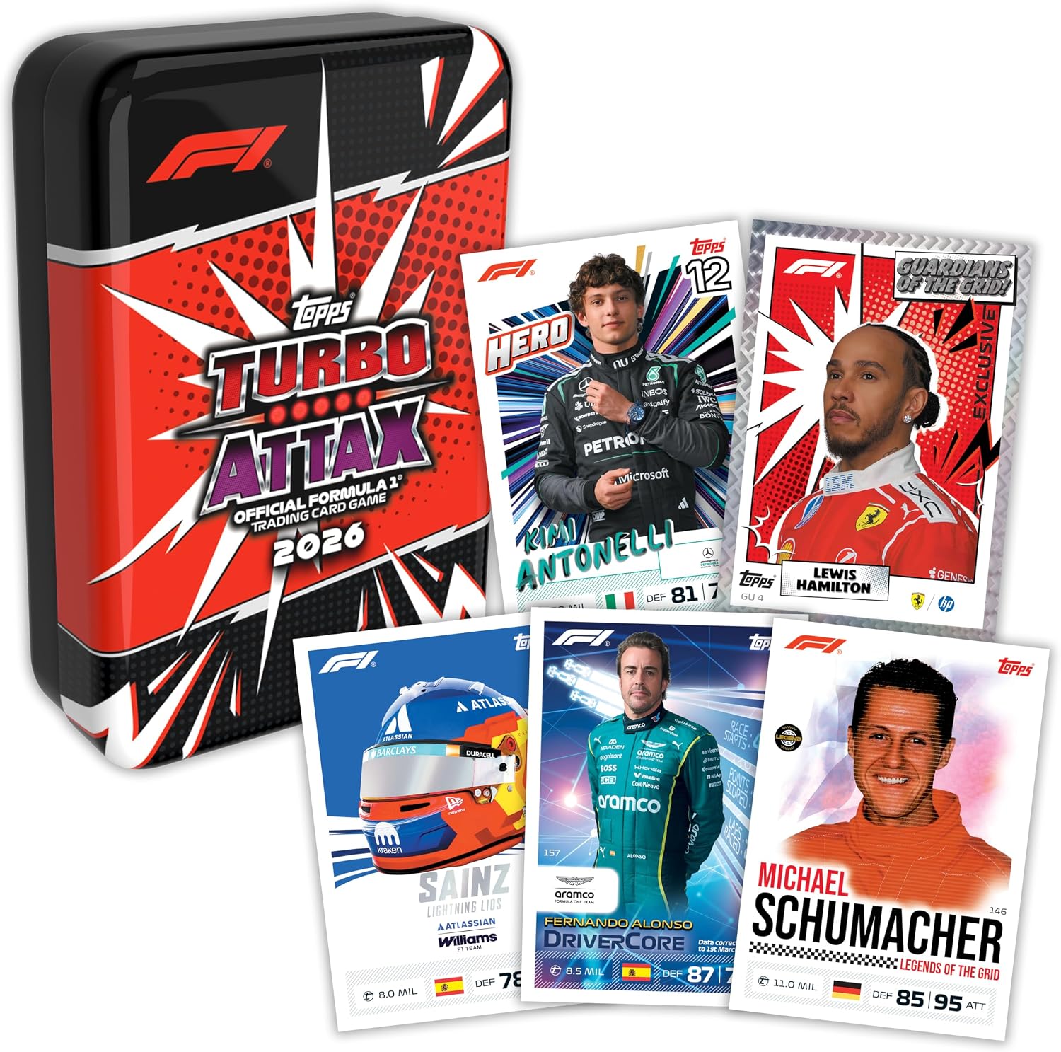 Topps: 2026 Turbo Attax Formula 1 Mega Tin Guardians Of The Grid Tin (4 Packs) Sports Cards Topps