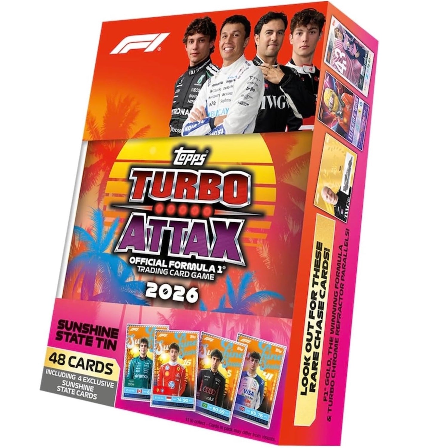 Topps: 2026 Turbo Attax Formula 1 Mega Tin Sunshine State Tin (4 Packs) Sports Cards Topps