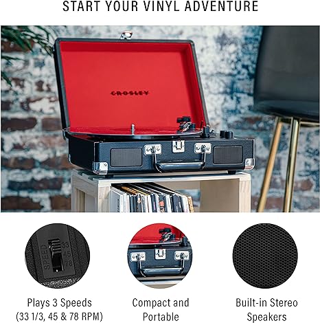 Crosley: Cruiser Plus Vintage 3-Speed Bluetooth in/Out Suitcase Vinyl Record Player Turntable - Black/Red - CR8005F-BK [Electronics] Electronics Crosley