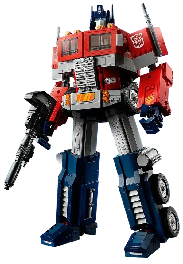 Toy robot figure with red, blue, and black colors on a white background