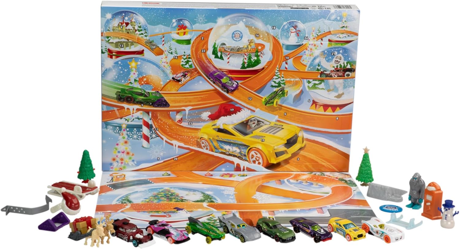 Hot Wheels: Advent Christmas Calendar - 1:64 Scale Cars & 16 Winter-Themed Toys & Games Mattel