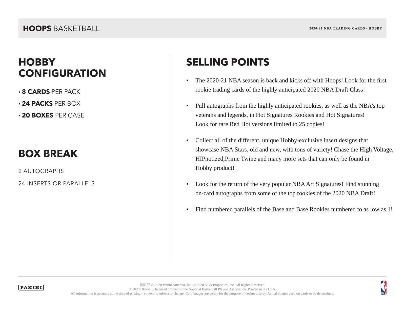 Panini NBA Hoops Basketball Hobby Box 2020-21 Card Game Panini   
