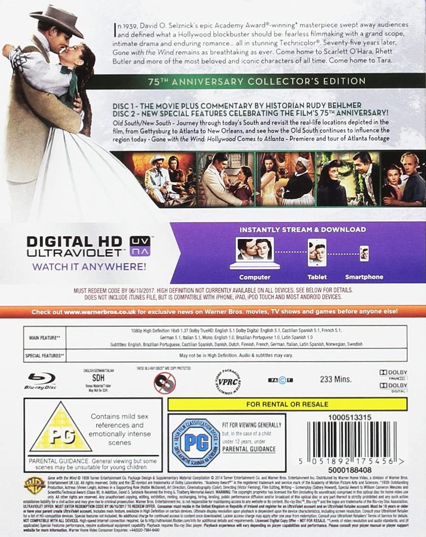 Gone With the Wind: 75th Anniversary Edition [Blu-Ray] DVDs & Blu-Rays Warner Bros.   
