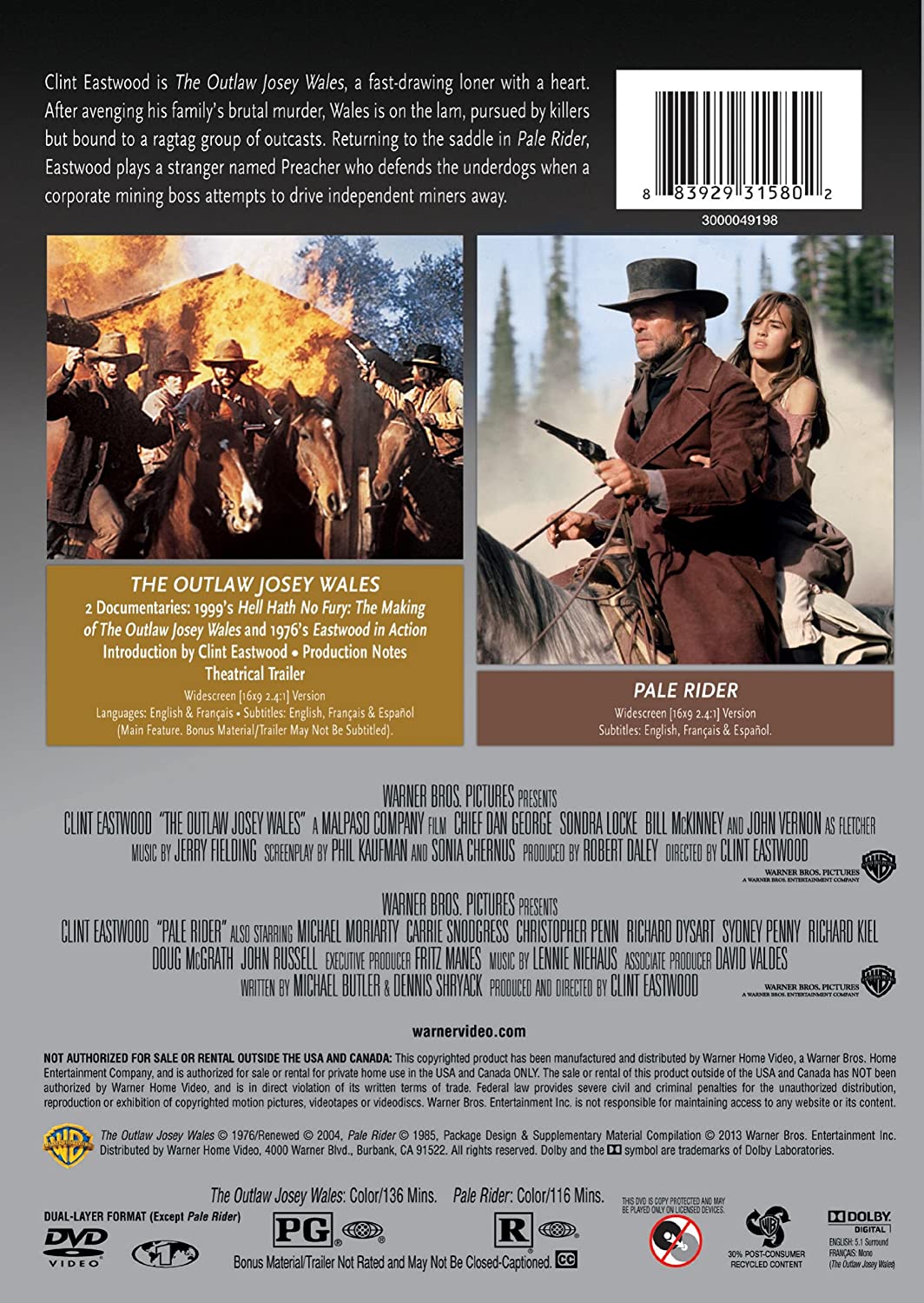 The Outlaw Josey Wales / Pale Rider [DVD Box Set] DVDs & Blu-Rays Warner Bros.   