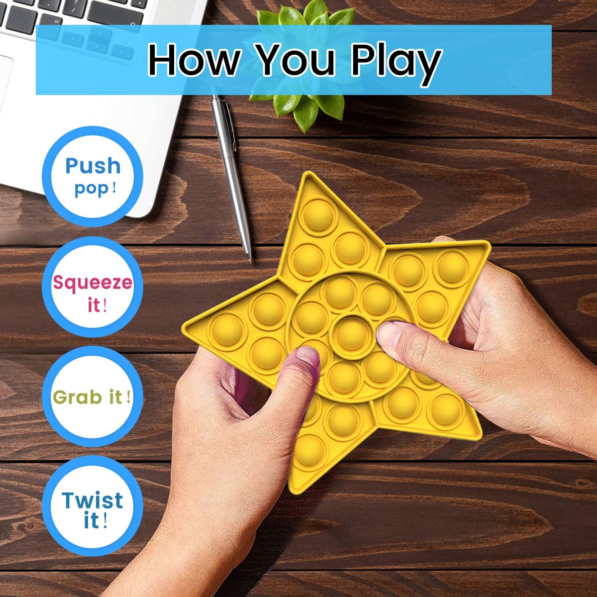 Yellow Star Push Pop Bubble Fidget Toy [Sensory Kids Adults Anxiety Stress Relief] Toys & Games Everest   